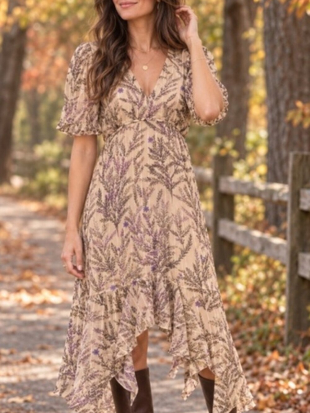 Sundance lilac Spring Chafon ruffle hem print Midi dress